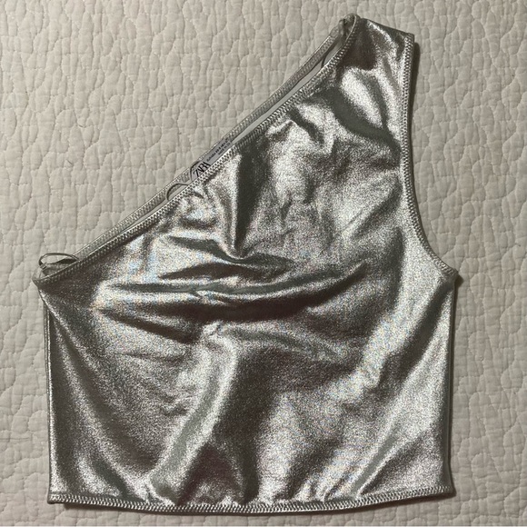 Zara Silver One-Shoulder Metallic Stretch Crop Top - Picture 1 of 5